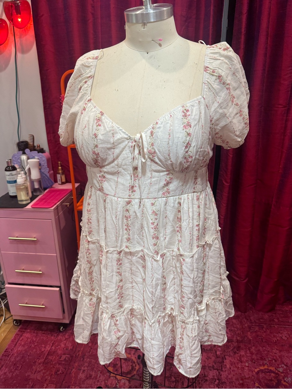 Floral White and Pink Tiered Puff-Sleeve Dress